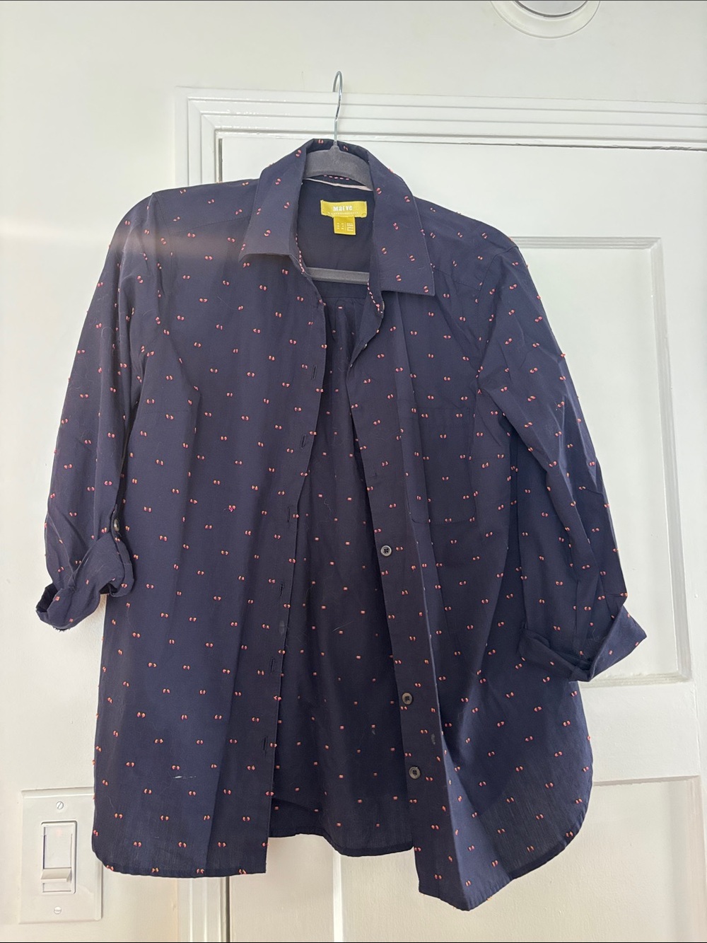 Maeve Navy Button-Down Shirt with Pink and Yellow embroidery